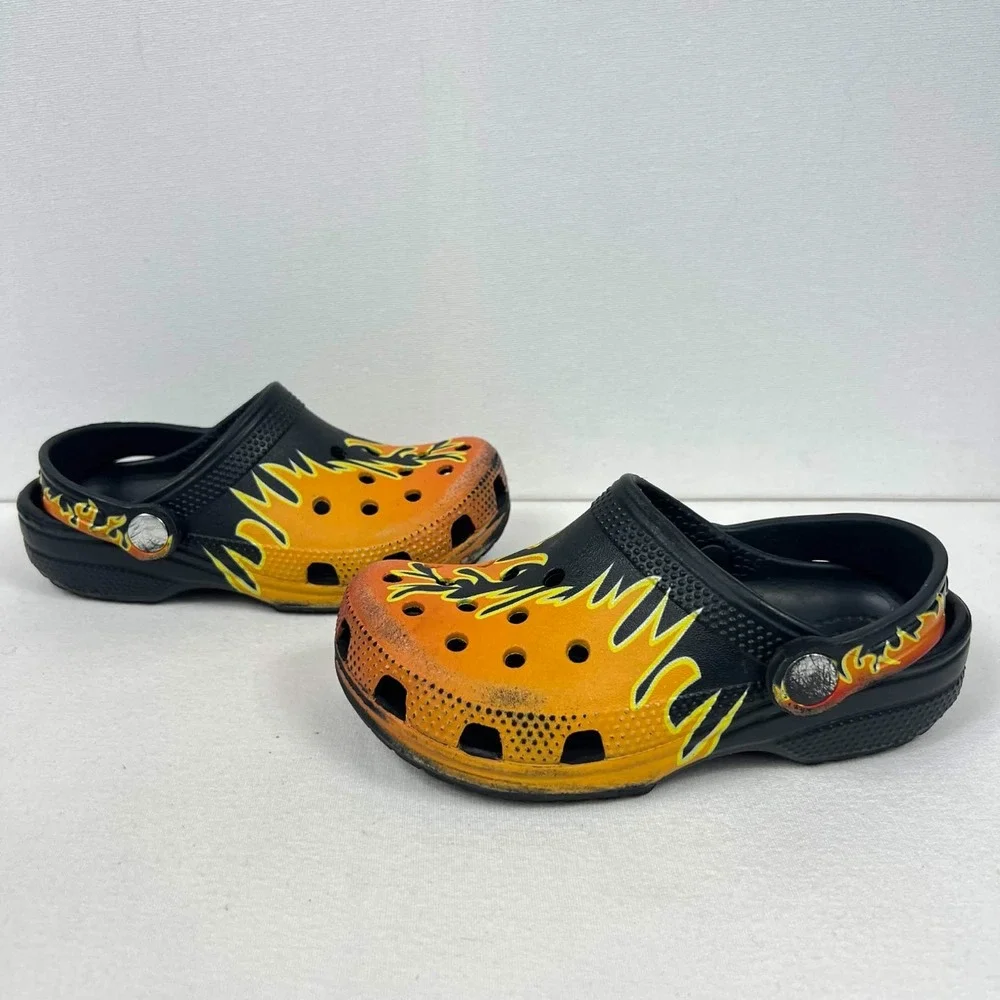 GUC Crocs Classic Flame Clogs Black Orange Fire Print Shoes Toddler Size 12